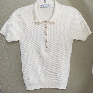 Cream Cable-Knitted Short Sleeve Polo